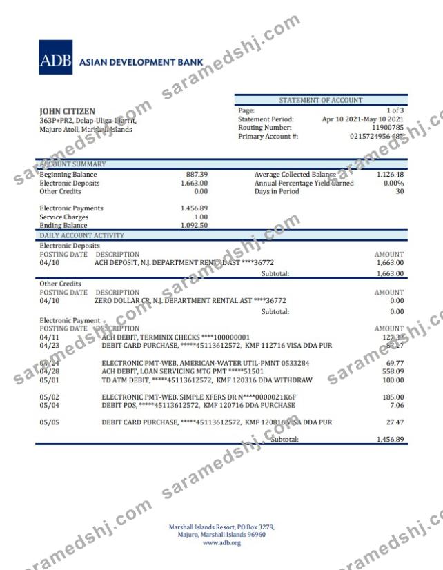 Marshal Islands ADB bank statement